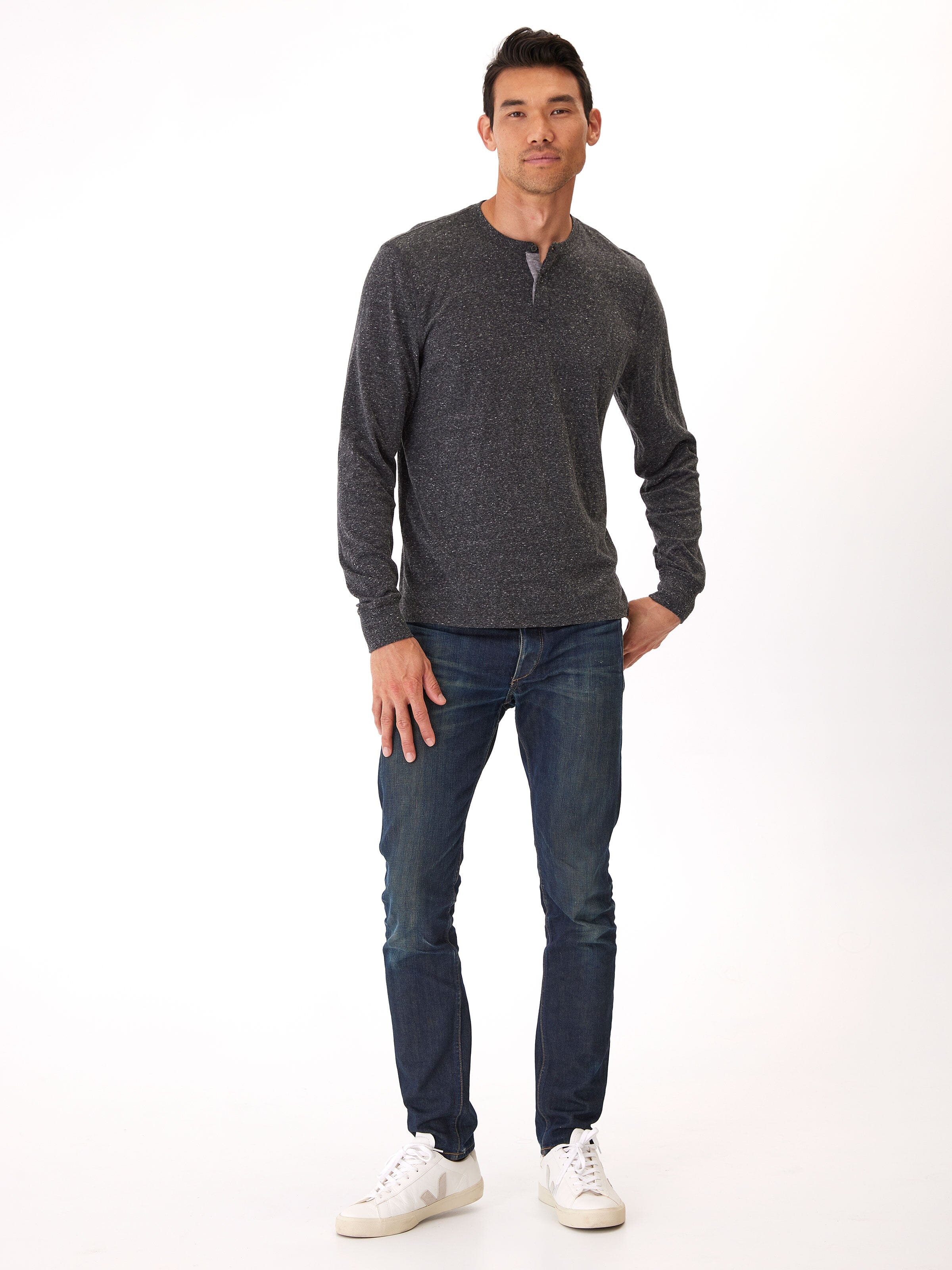 Baseline Long Sleeve Triblend Henley in Charcoal and Grey