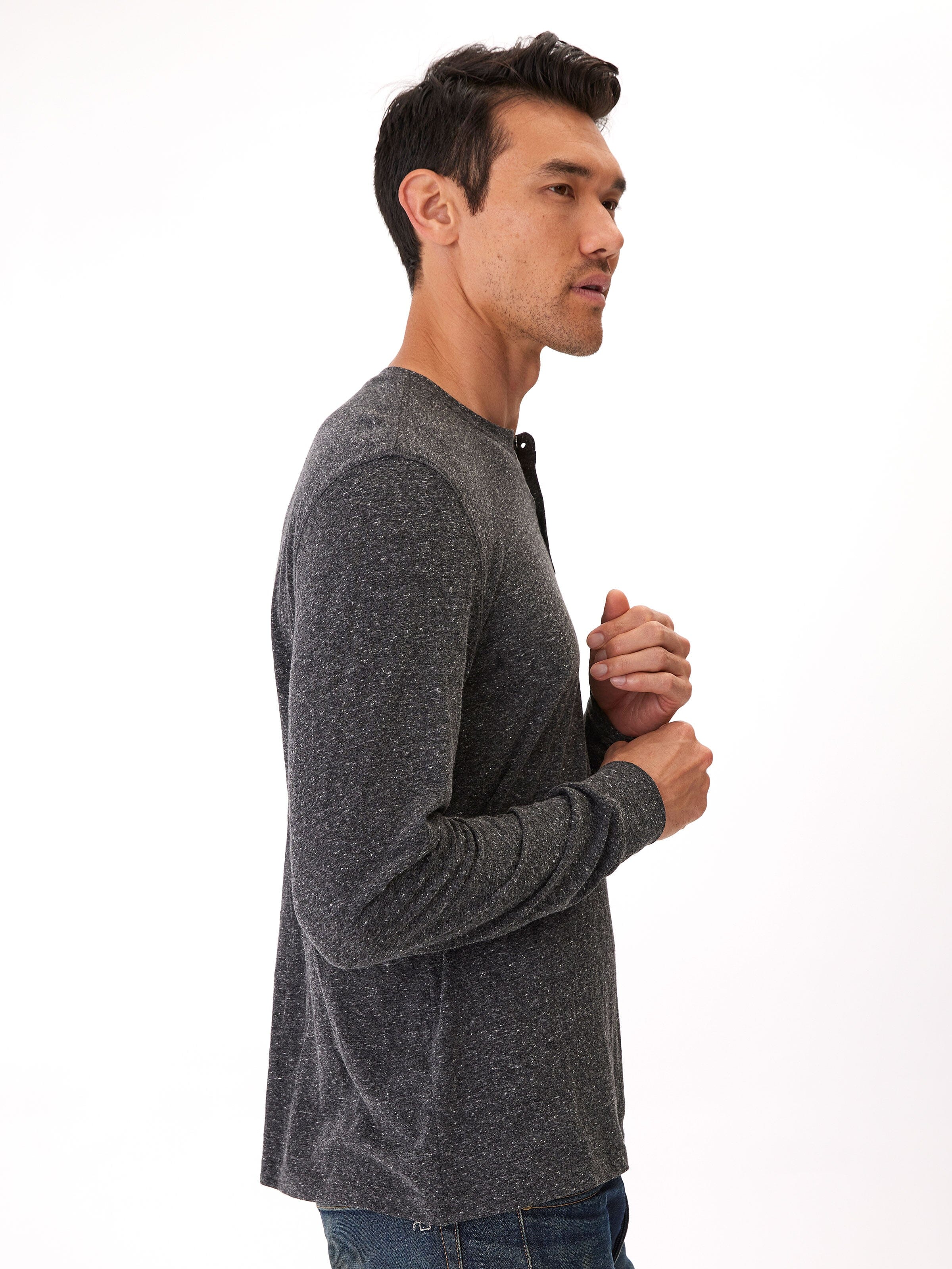 Baseline Long Sleeve Triblend Henley in Charcoal and Grey