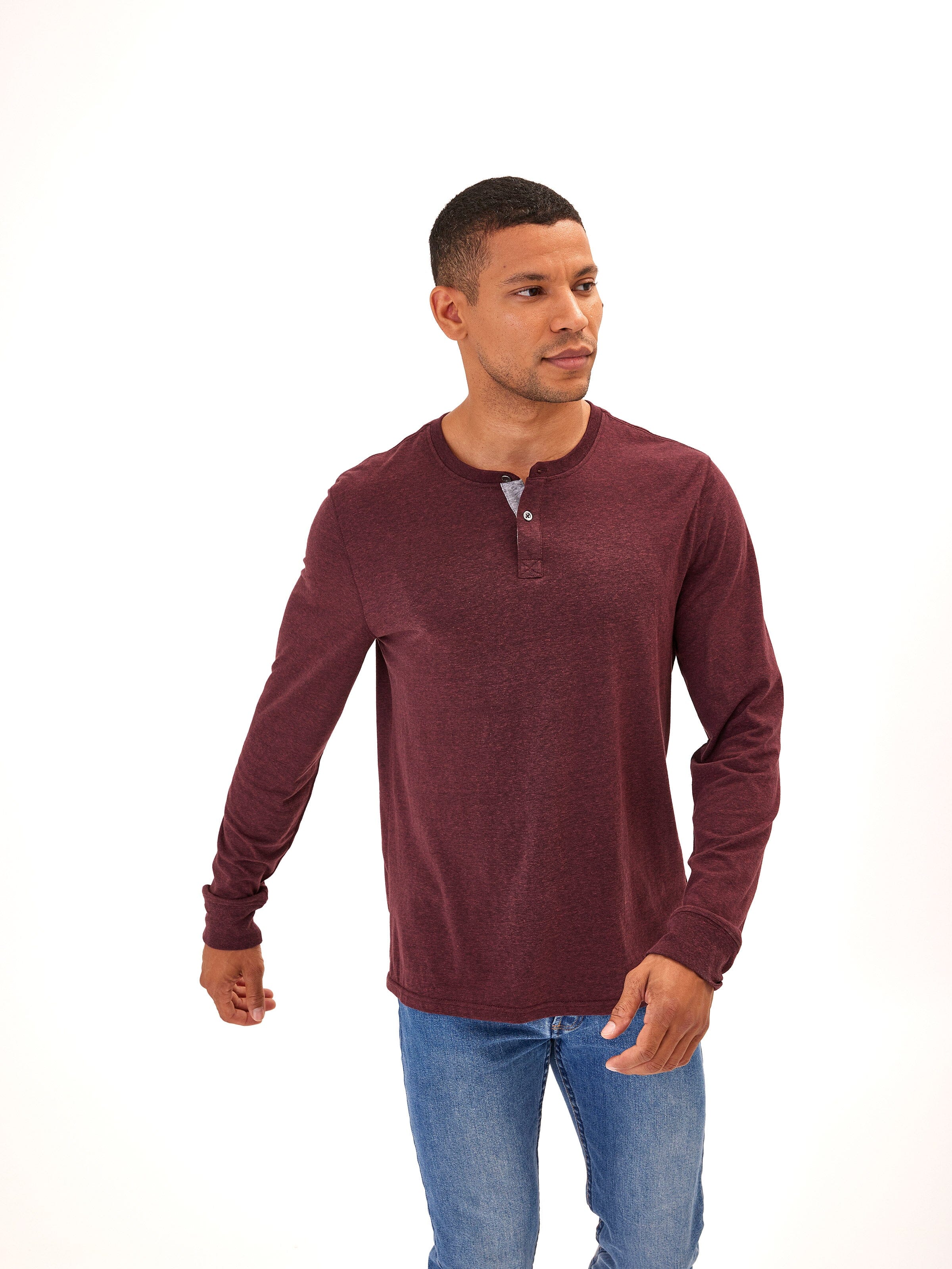 Classic Long Sleeve Triblend Henley Shirt with Contrast Trim