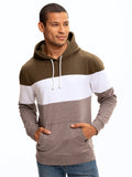 Romero colorblock pullover hoodie featuring olive green, white, and taupe panels.