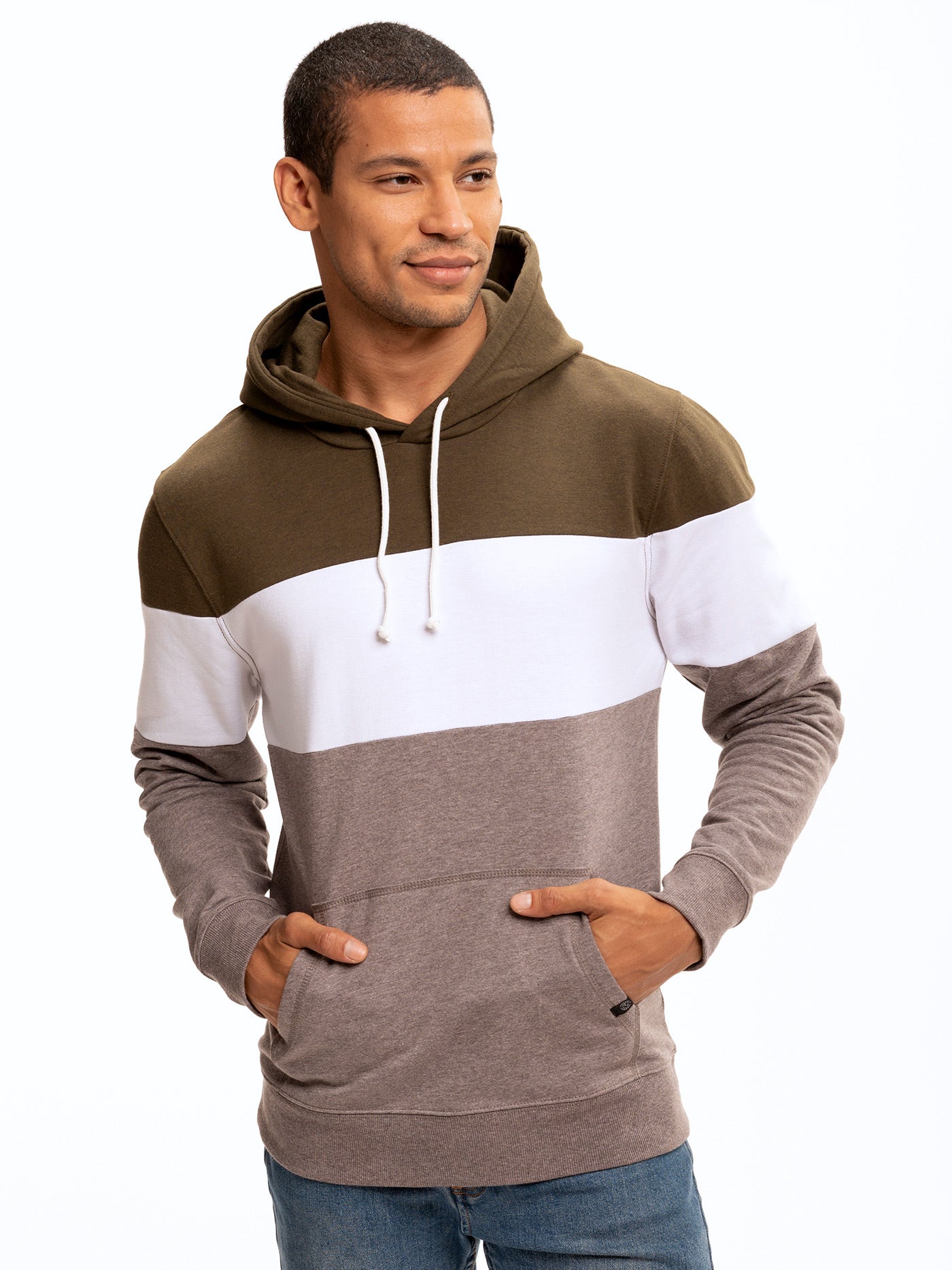 Romero colorblock pullover hoodie featuring olive green, white, and taupe panels.
