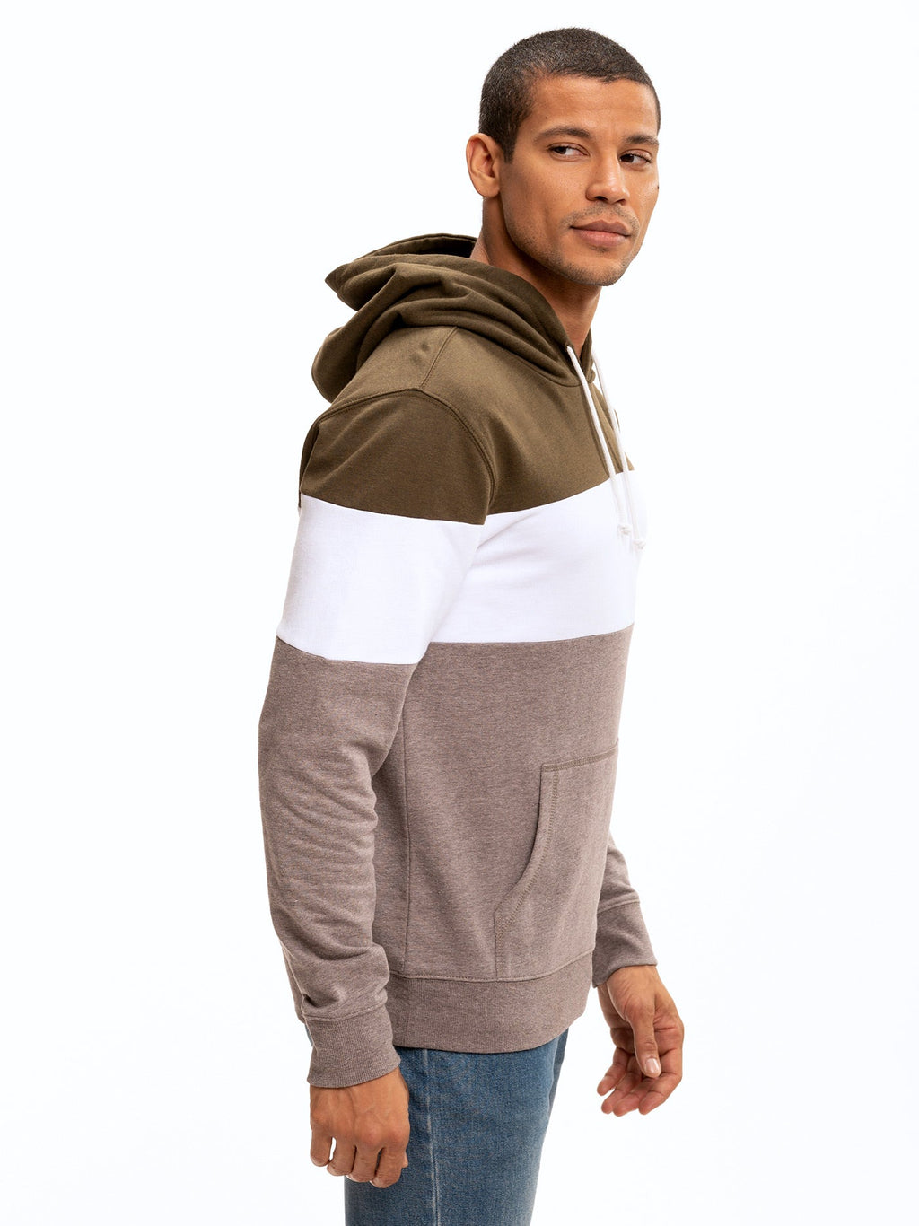 Romero Colorblock Pullover Hoodie in Olive Green and Taupe