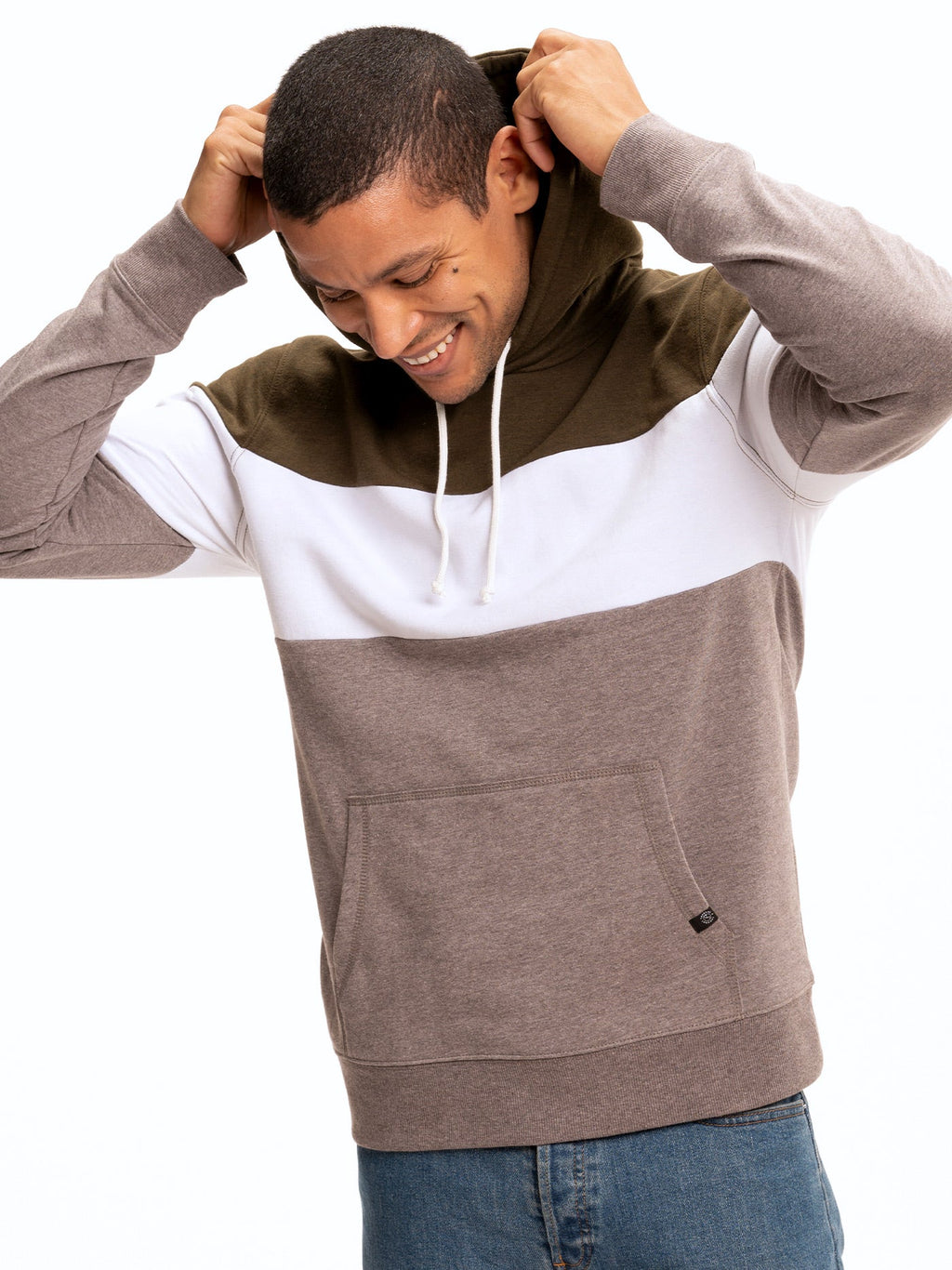 Romero Colorblock Pullover Hoodie in Olive Green and Taupe