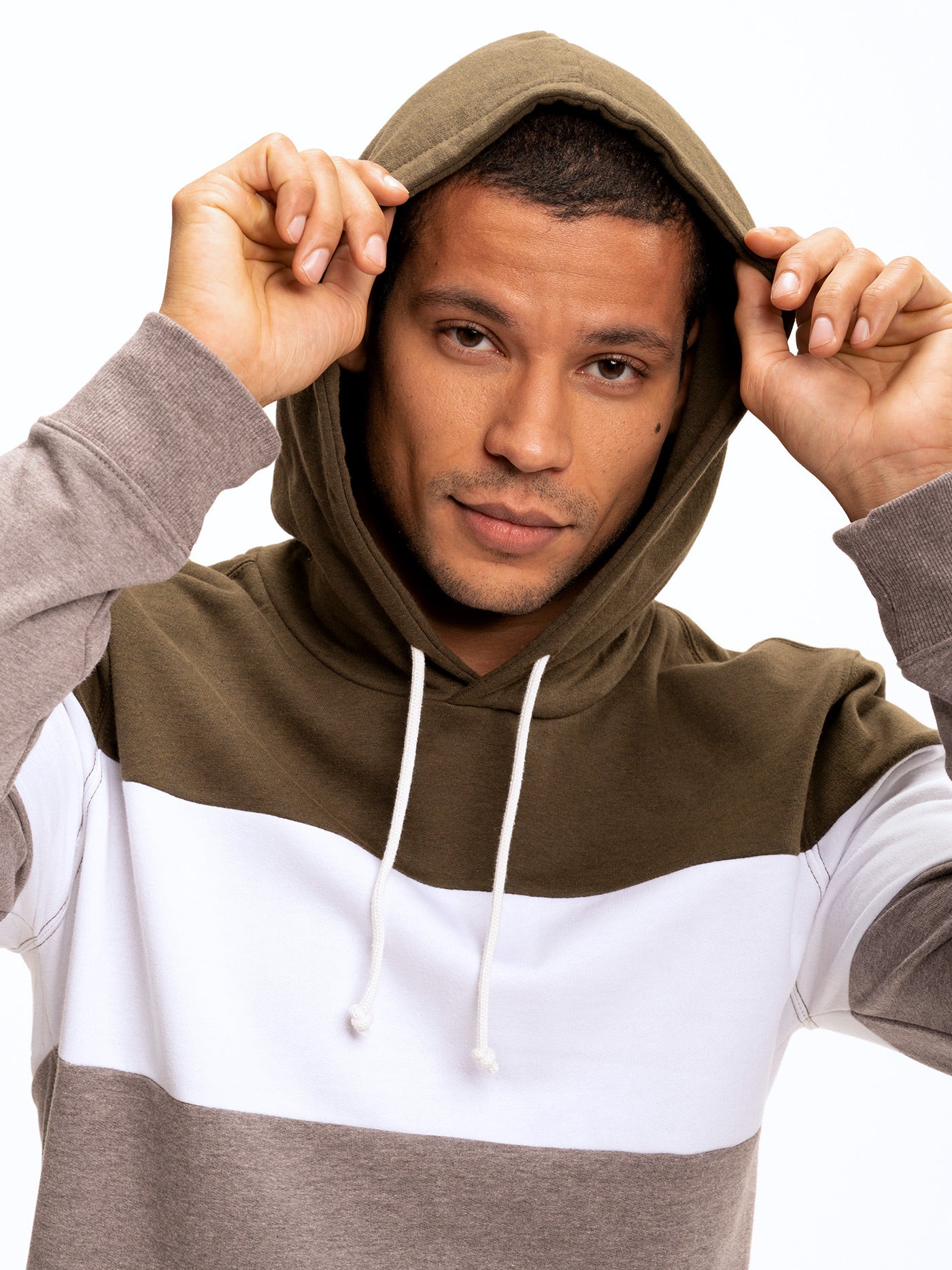 Romero Colorblock Pullover Hoodie in Olive Green and Taupe