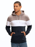 Men wearing Romero colorblock pullover hoodie in grey, white, and navy tones.