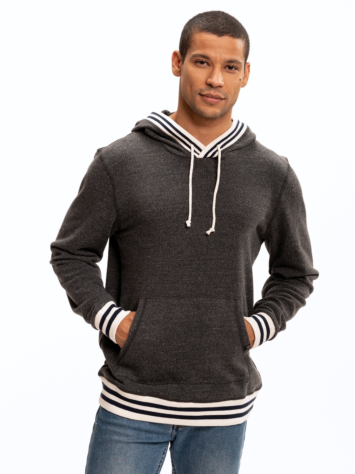 Tyson Contrast Rib Pullover Hoodie in triblend fleece with striped rib detailing
