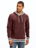 Men's pullover hoodie in maroon, cream, and navy with contrast striped rib detailing.