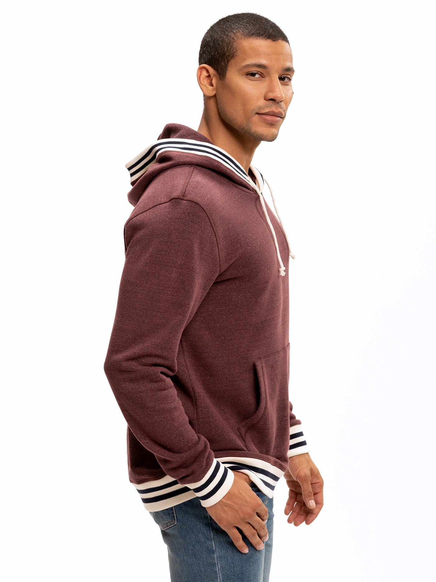 Tyson Contrast Rib Pullover Hoodie in Maroon Cream Navy