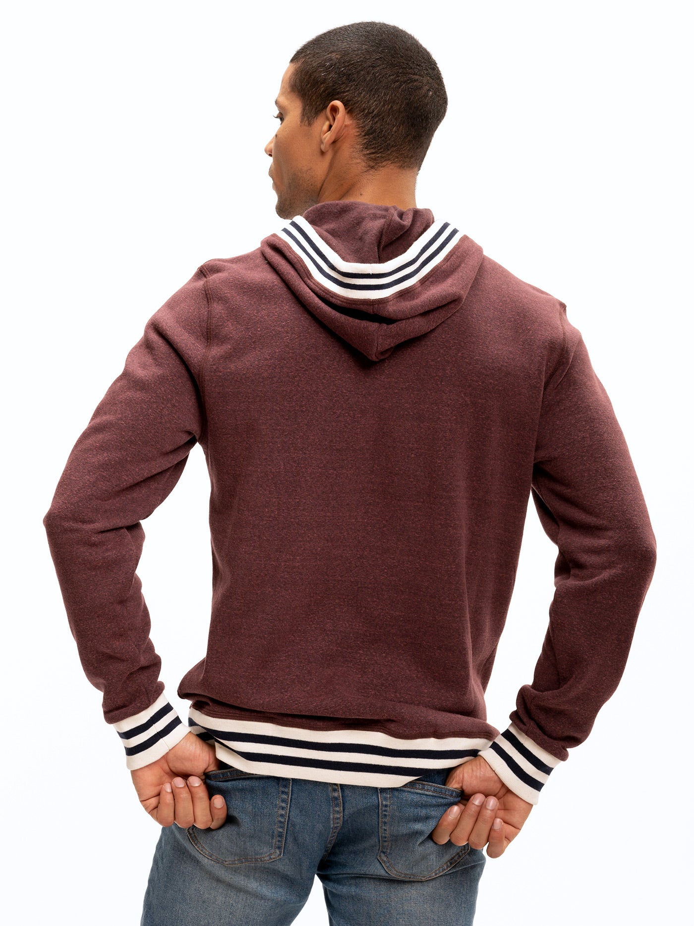 Tyson Contrast Rib Pullover Hoodie in Maroon Cream Navy