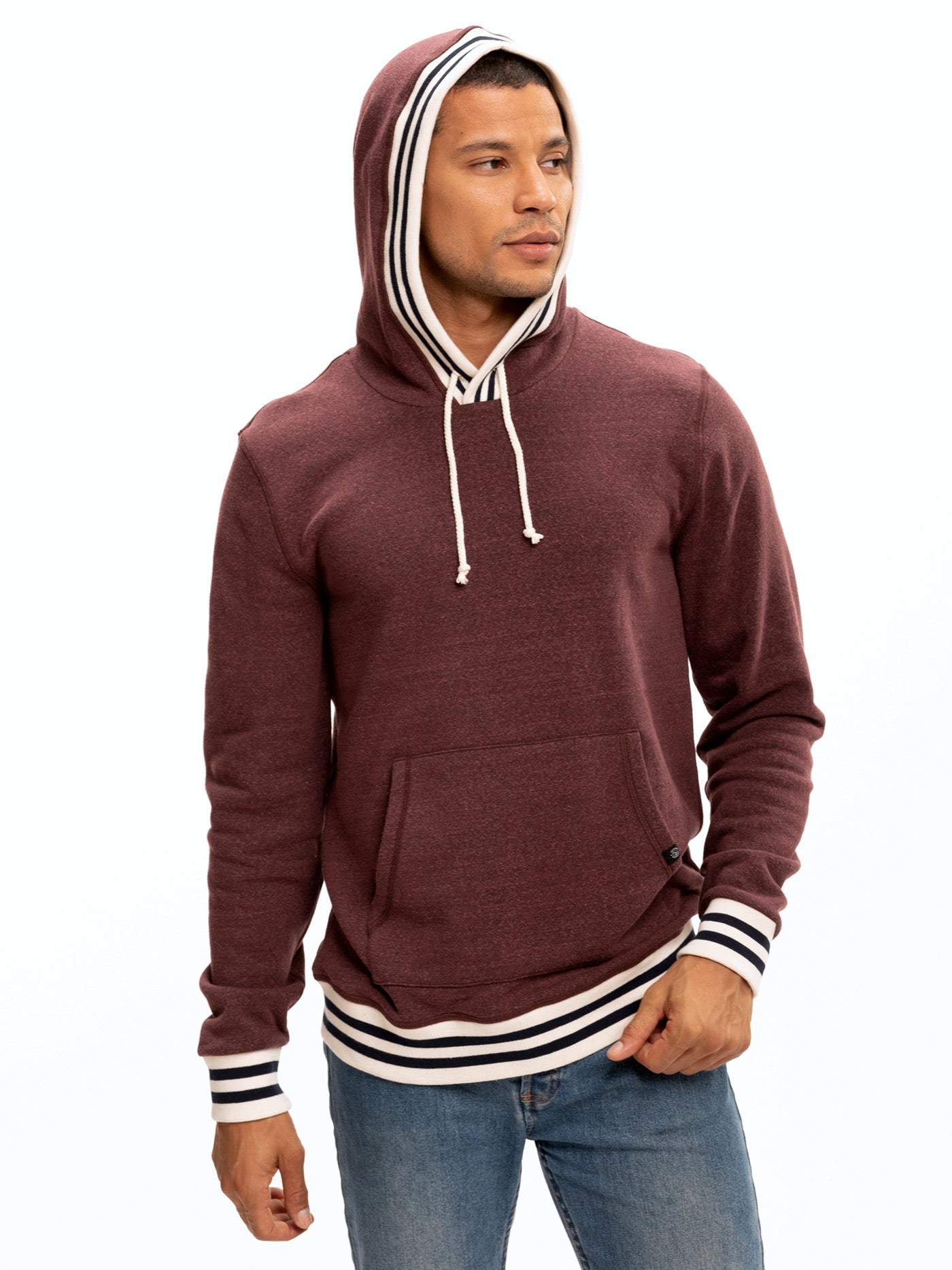 Tyson Contrast Rib Pullover Hoodie in Maroon Cream Navy