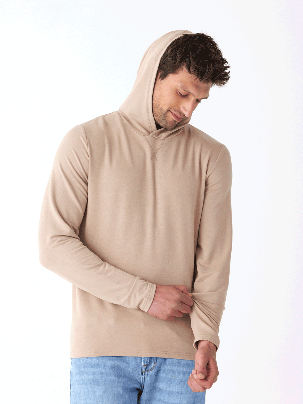 Men wearing Dex modal terry pullover hoodie in beige