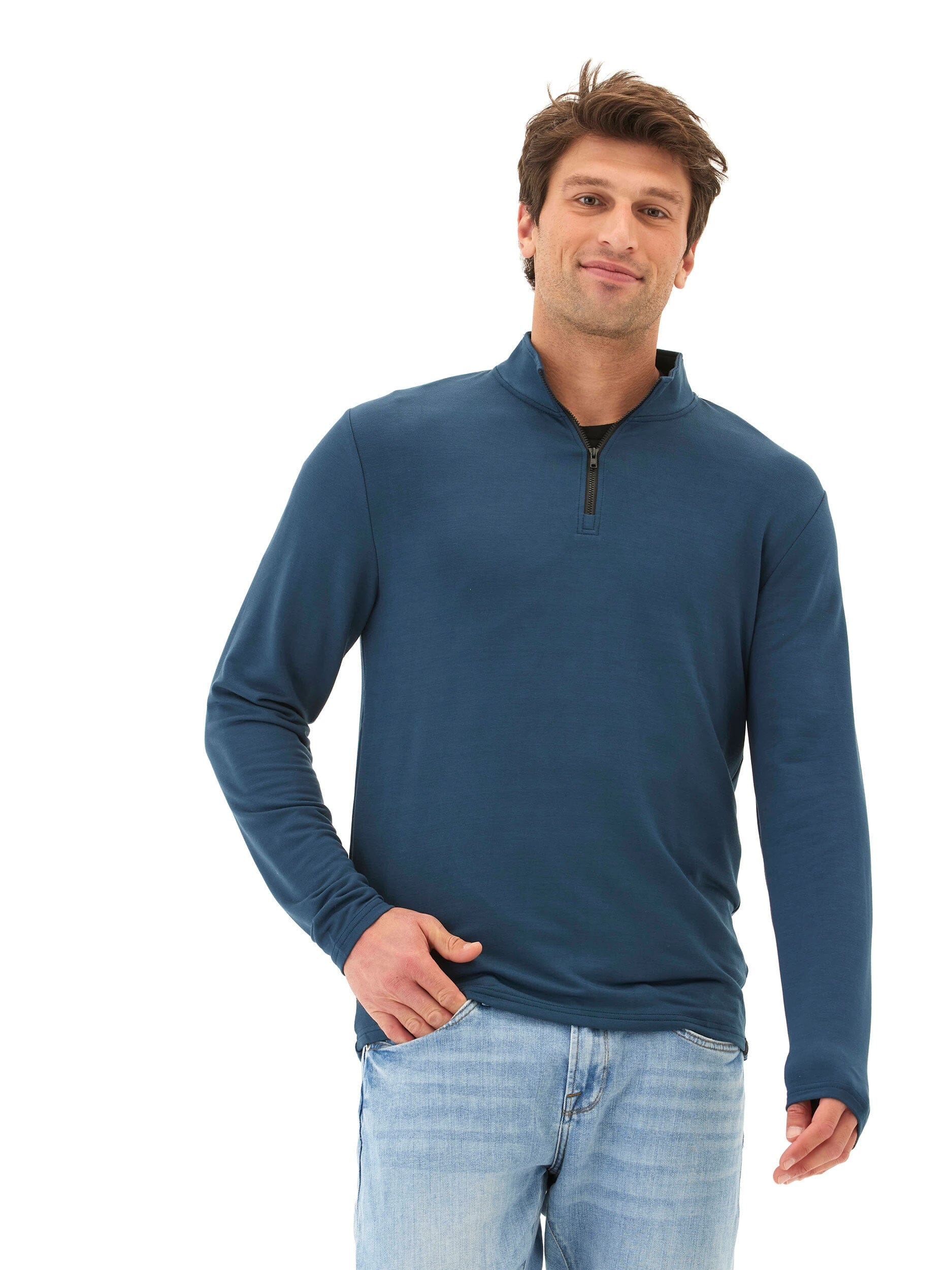 Kace Modal Terry Quarter Zip Mock Neck in a soft-touch fabric with a structured collar