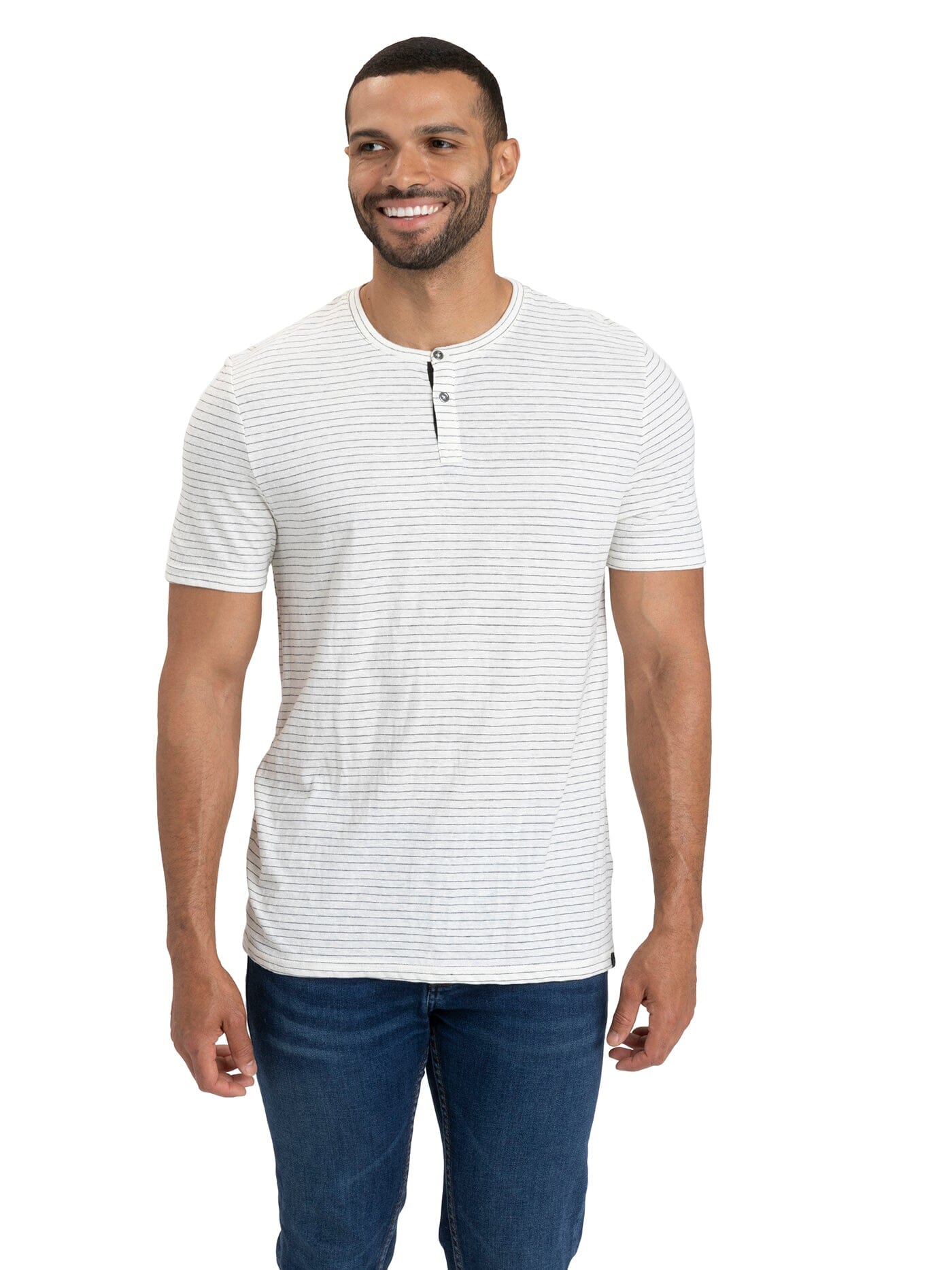 Men's Stripe Triblend Jersey Short Sleeve Henley in white and grey stripes