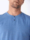 Close up of a Stripe Triblend Jersey Short Sleeve Henley featuring a soft-touch fabric and casual neckline.