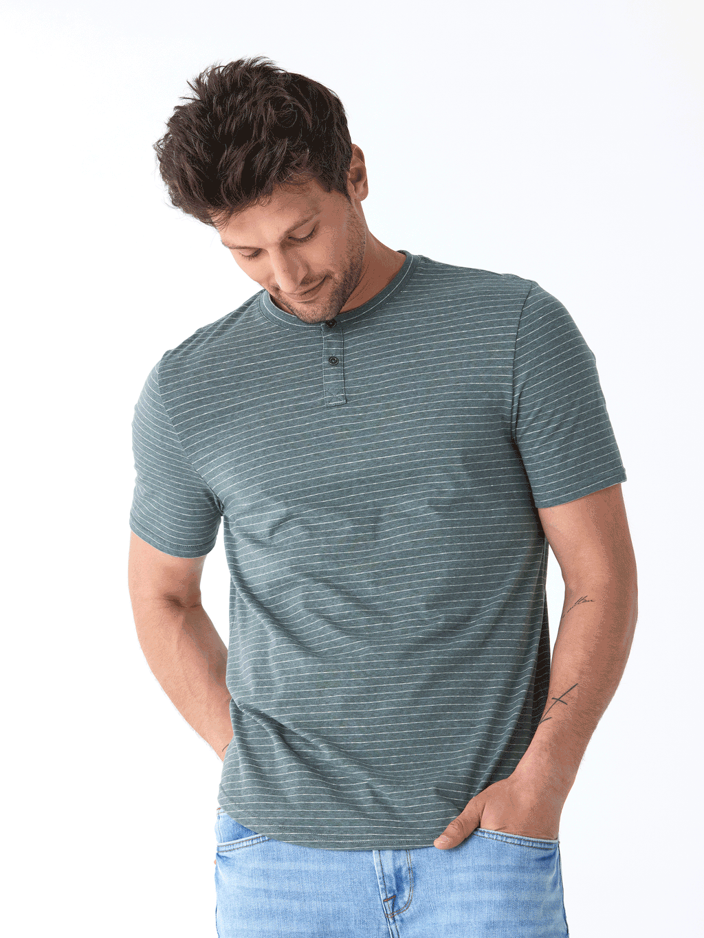 Stripe Triblend Jersey Short Sleeve Henley in Muted-Green and White