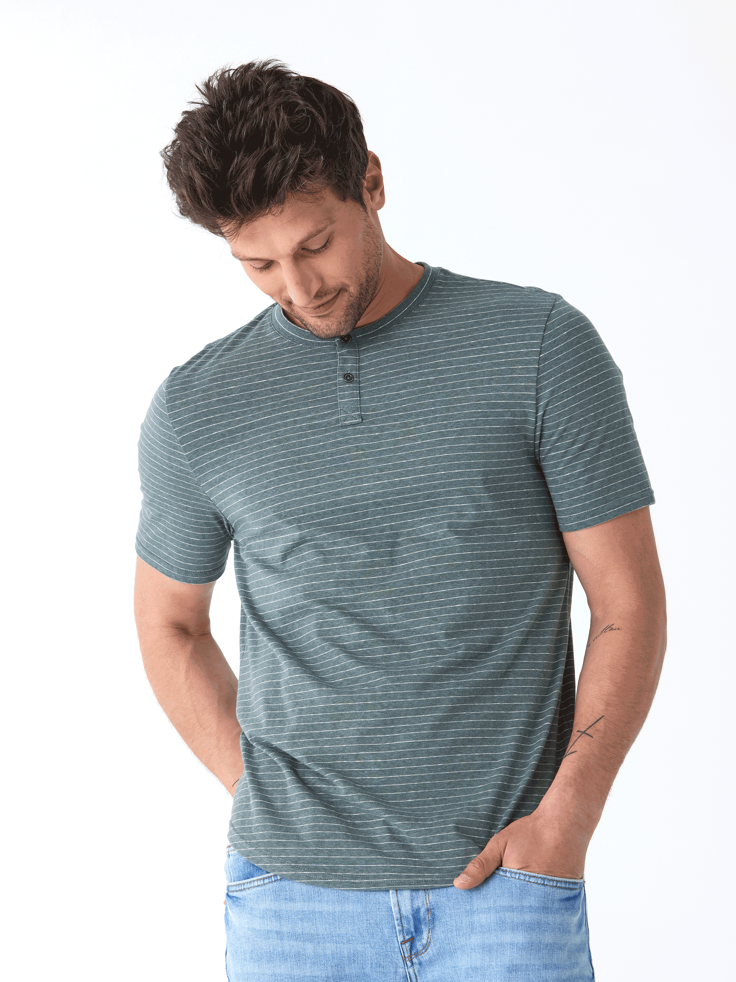 Stripe Triblend Jersey Short Sleeve Henley in Muted-Green and White