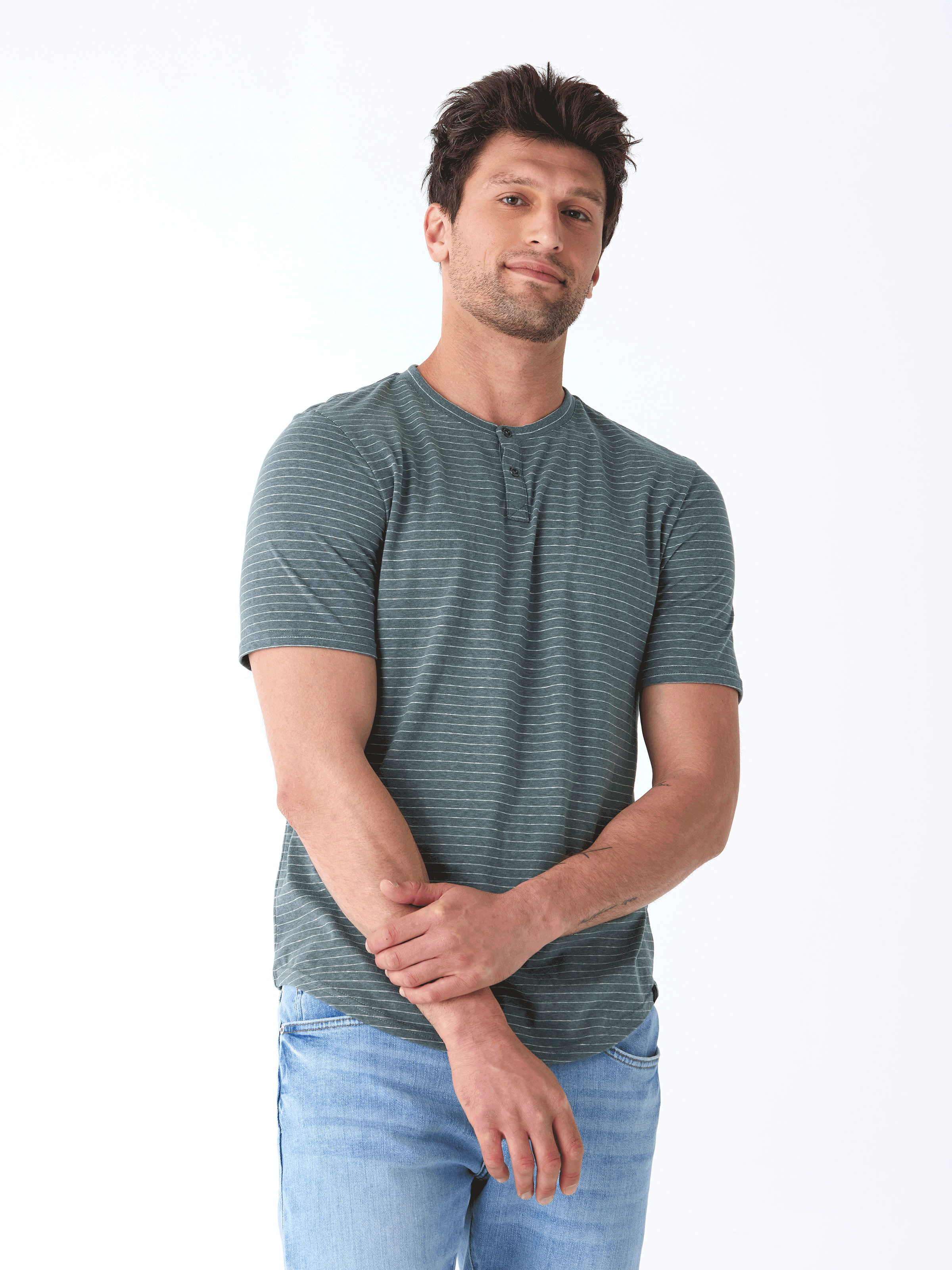 Stripe Triblend Jersey Short Sleeve Henley in Muted-Green and White