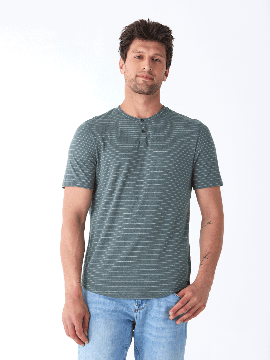 Stripe Triblend Jersey Short Sleeve Henley in Muted-Green and White