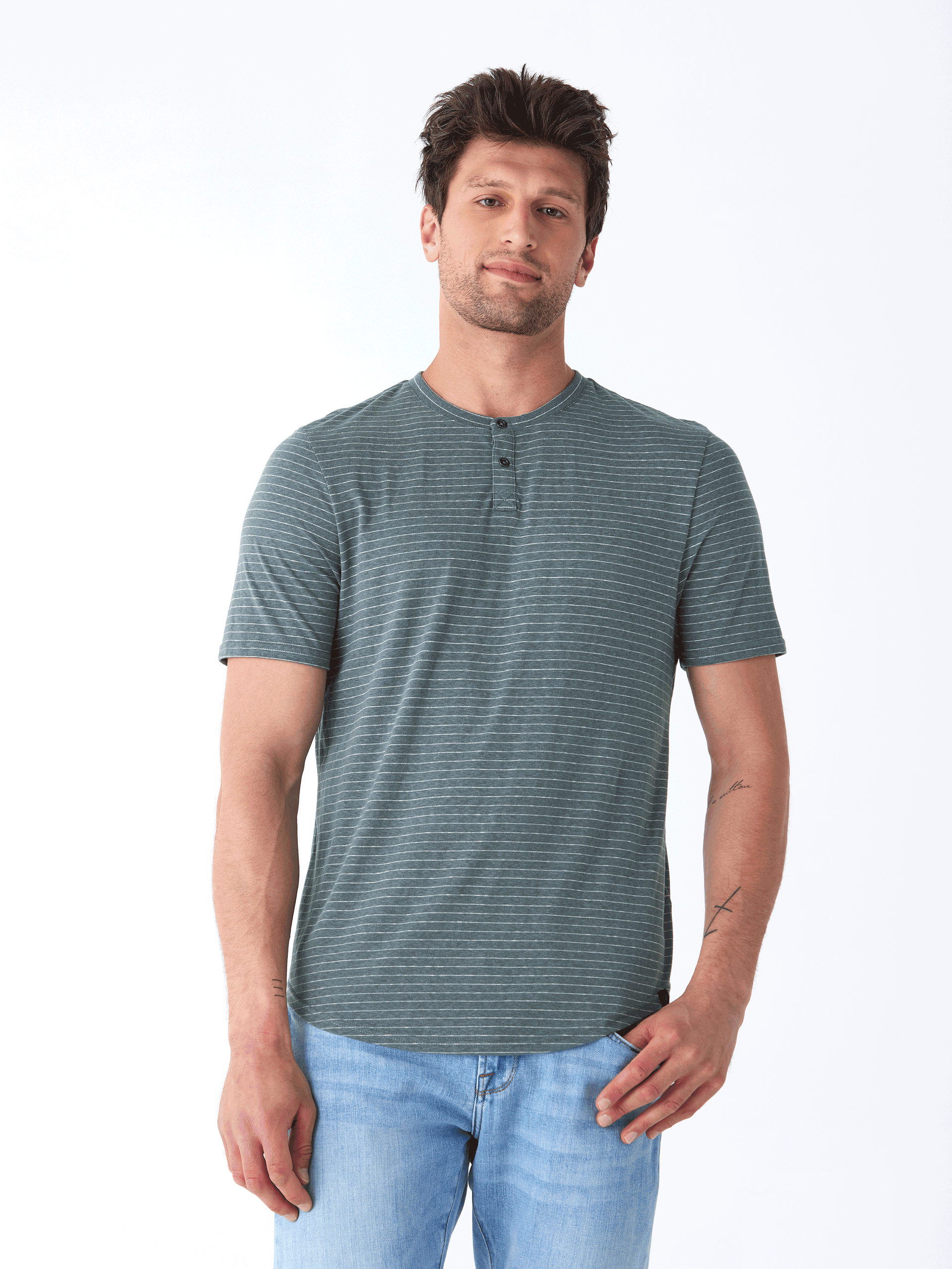 Stripe Triblend Jersey Short Sleeve Henley in Muted-Green and White