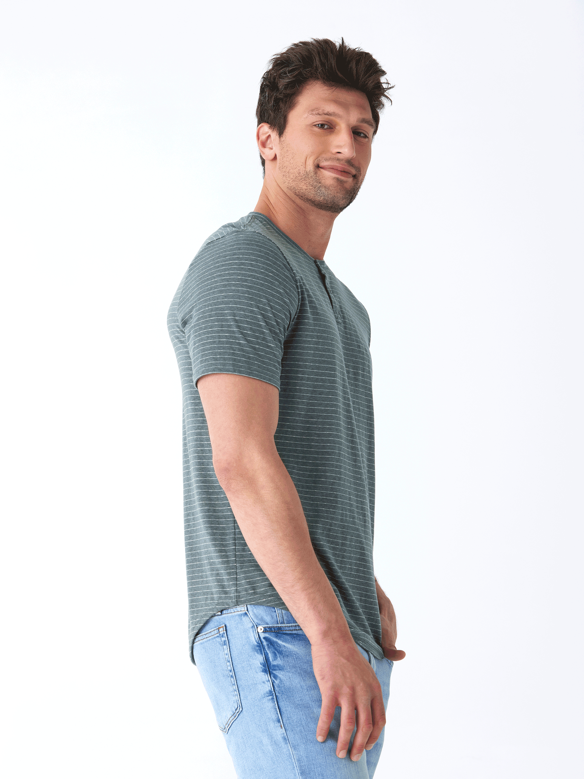 Stripe Triblend Jersey Short Sleeve Henley in Muted-Green and White