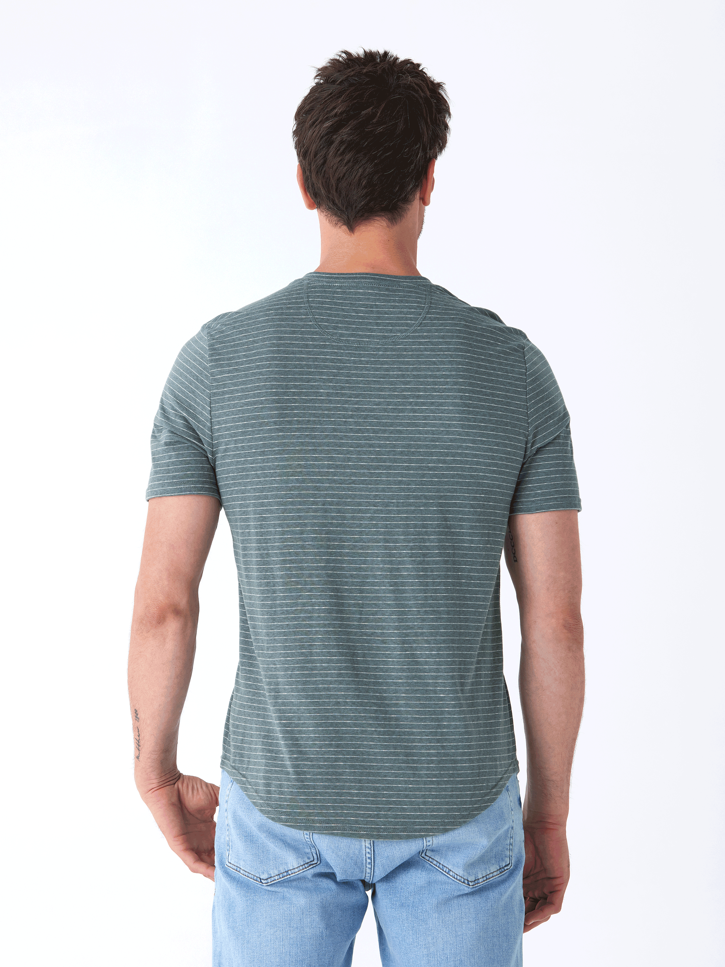 Stripe Triblend Jersey Short Sleeve Henley in Muted-Green and White