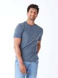 Close-up of the Stripe Triblend Jersey Short Sleeve Henley featuring a soft striped pattern and button-down henley neckline.