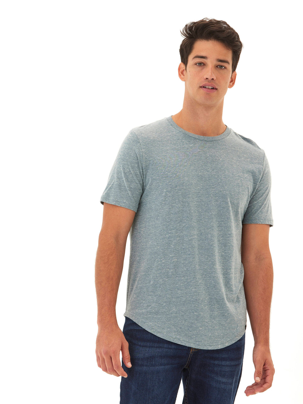 Men wearing a blue Triblend Contrast Stitch Crew Neck featuring visible contrast stitching details.
