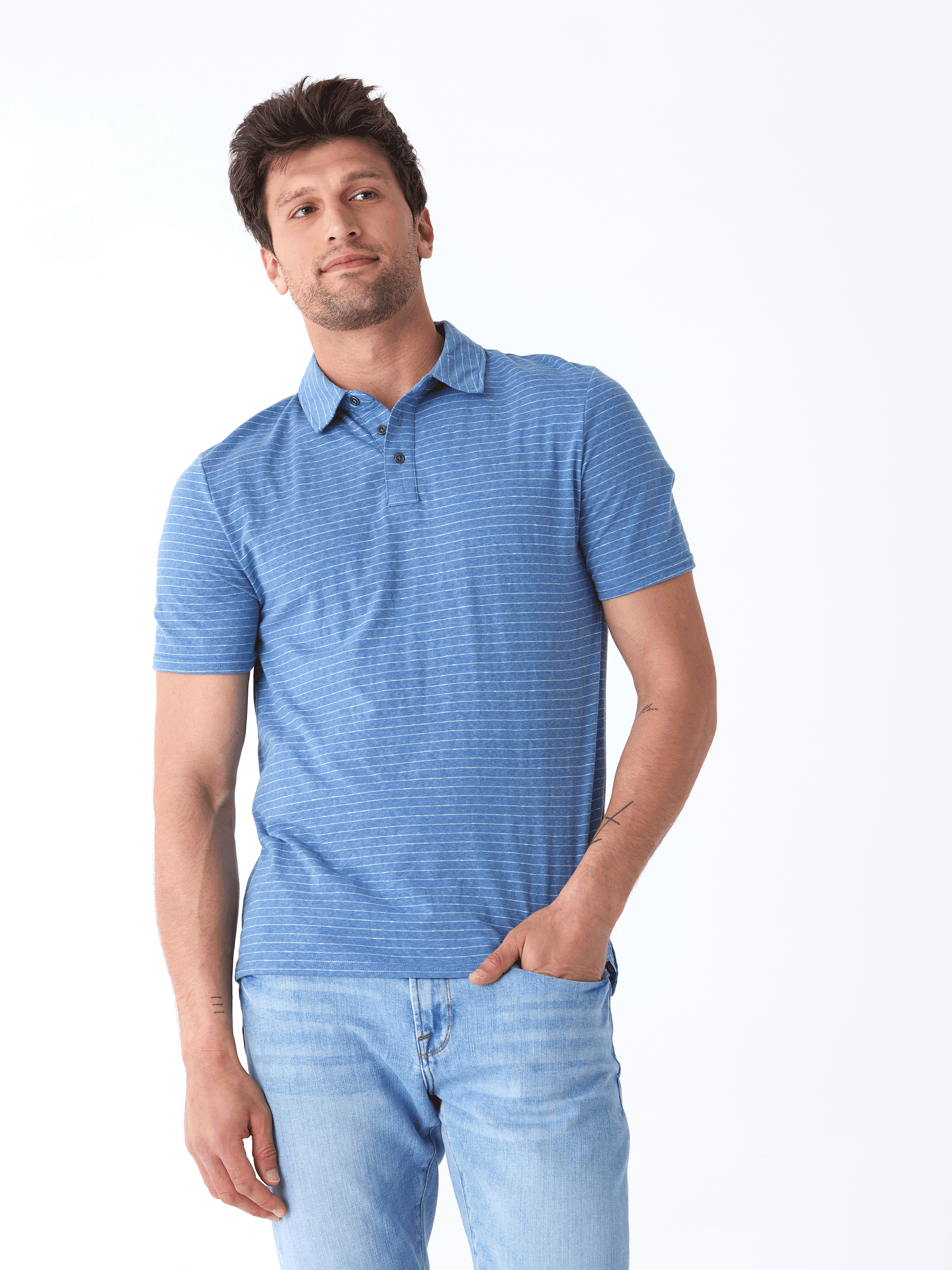 Close up of the Stripe Triblend Jersey Polo featuring soft jersey fabric and classic stripe detail.