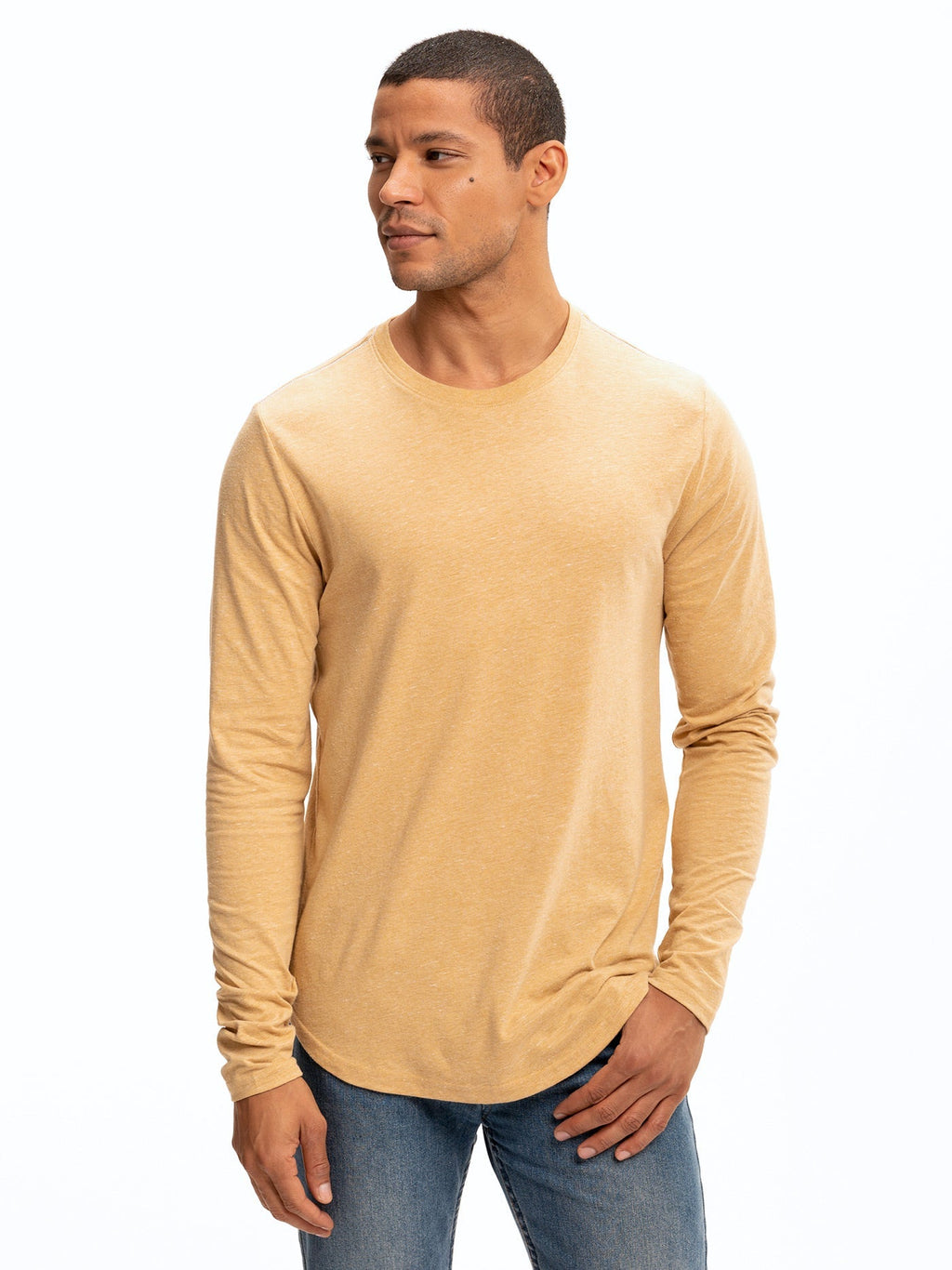 Yellow gold Kye long sleeve crew neck tee in a soft textured knit fabric