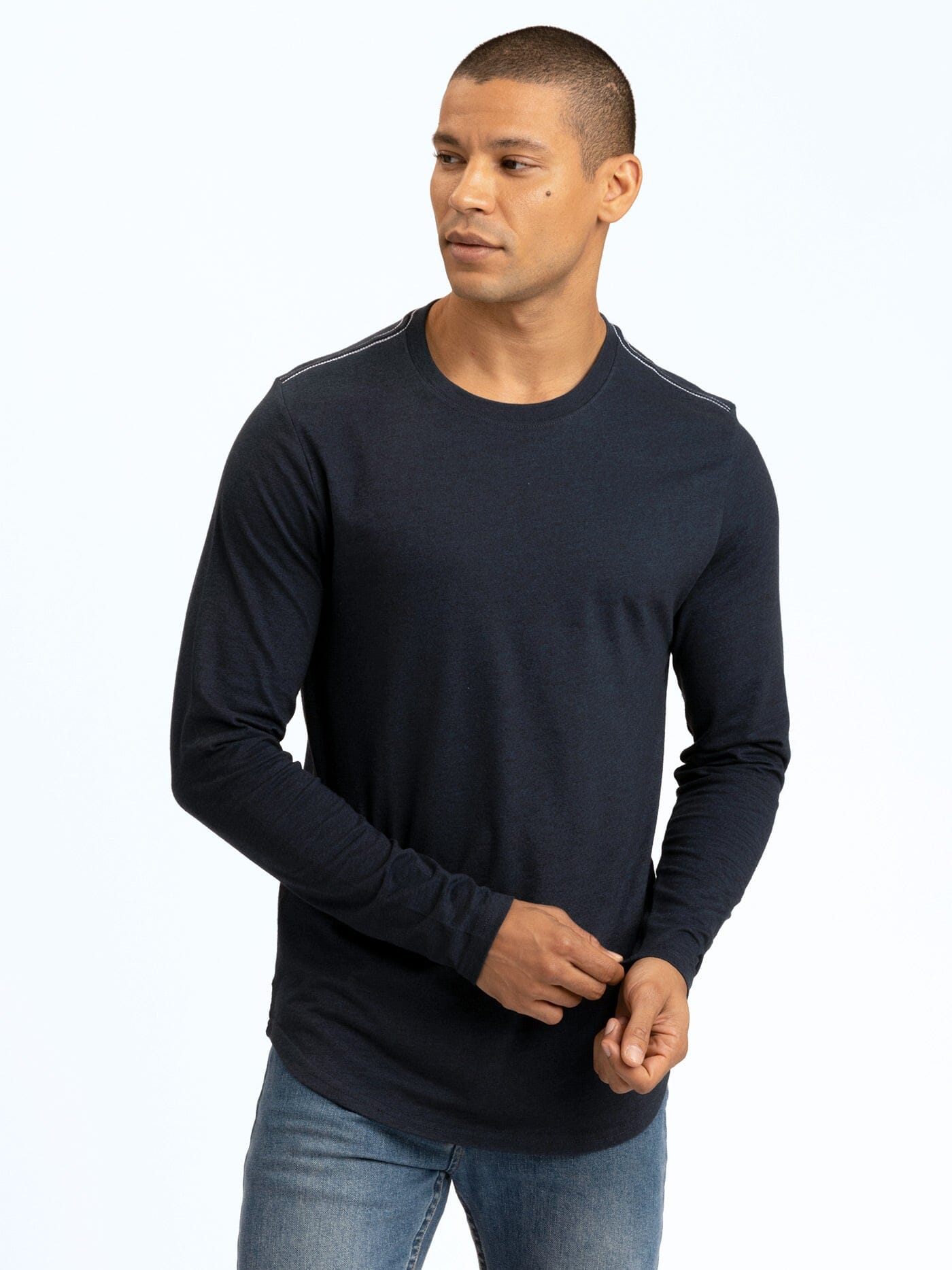 Men's Kye Triblend Long Sleeve Crew shirt in navy with white shoulder stitching detail.