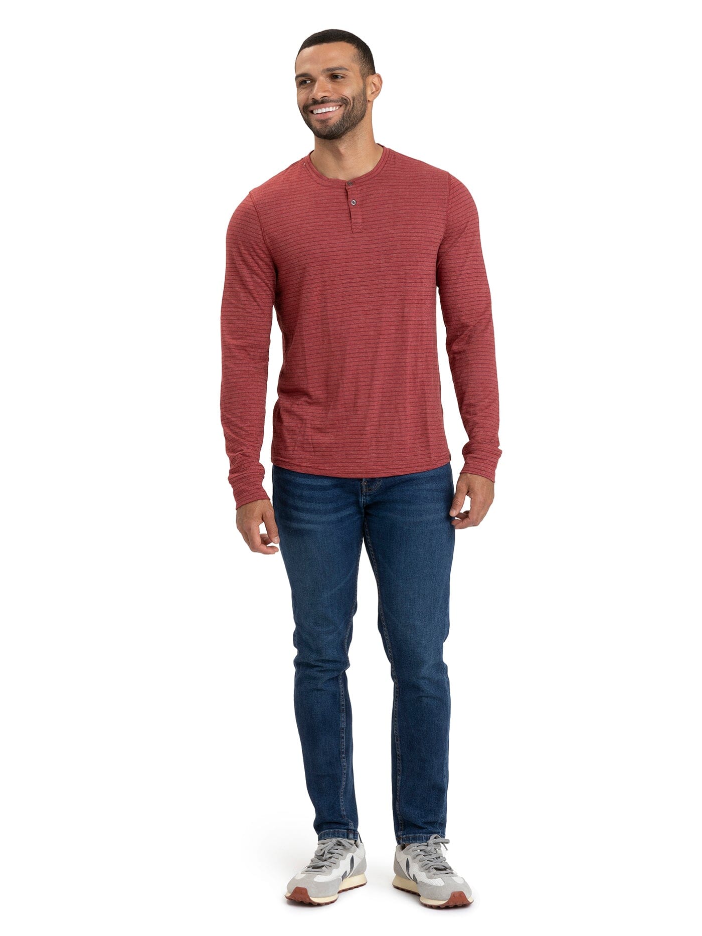 Men's Stripe Triblend Long Sleeve Henley in Red and Black