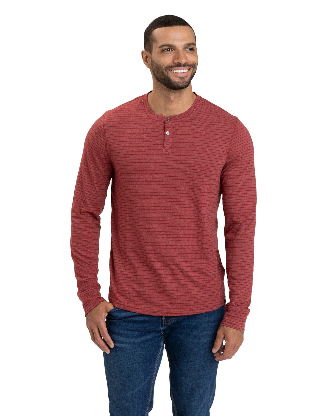 Men's striped long sleeve henley in red and black, crafted from soft eco-triblend knit fabric.