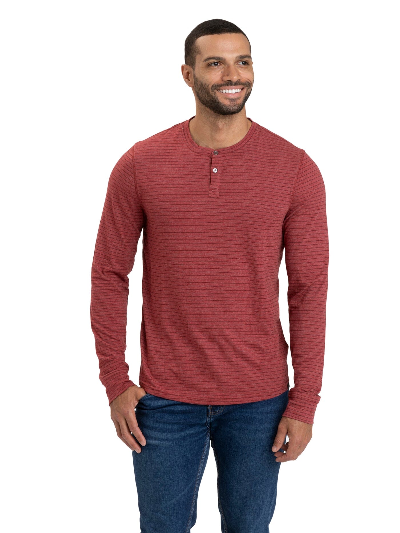 Men's striped long sleeve henley in red and black, crafted from soft eco-triblend knit fabric.