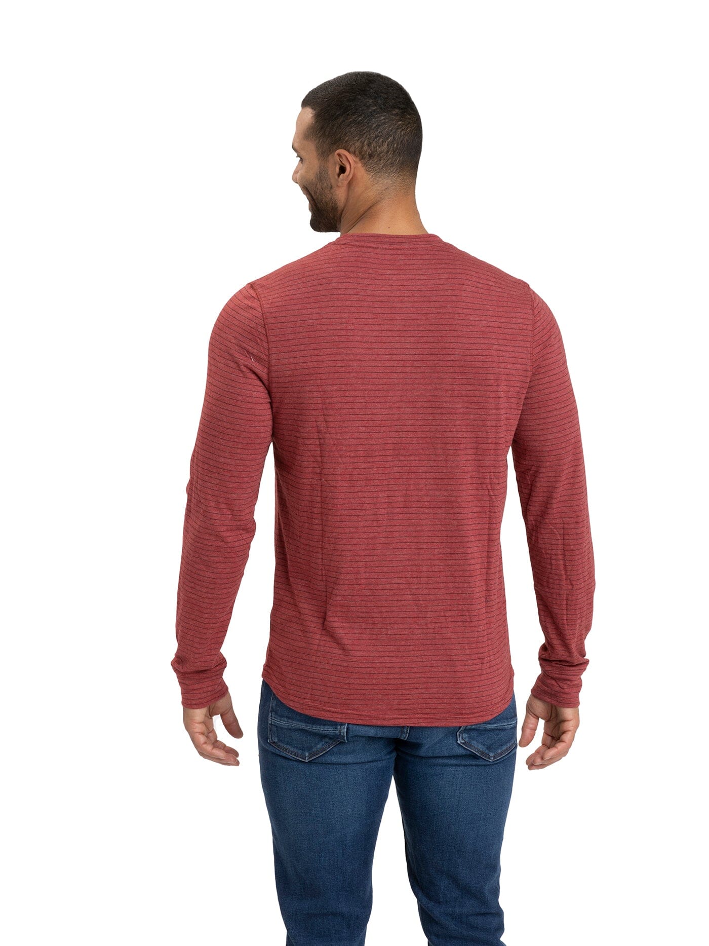 Men's Stripe Triblend Long Sleeve Henley in Red and Black