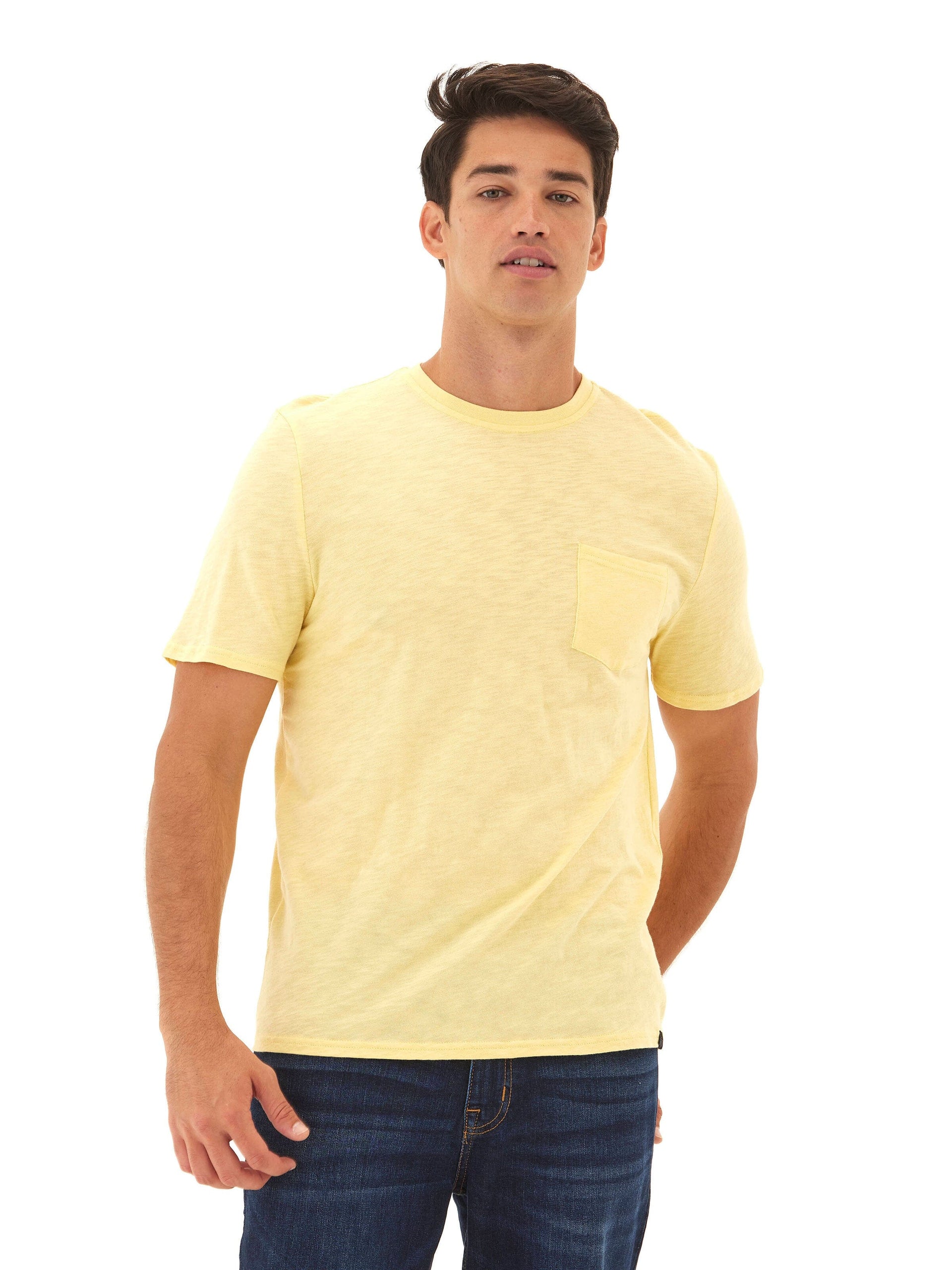 Men's yellow crew neck pocket tee made from organic slub jersey cotton.