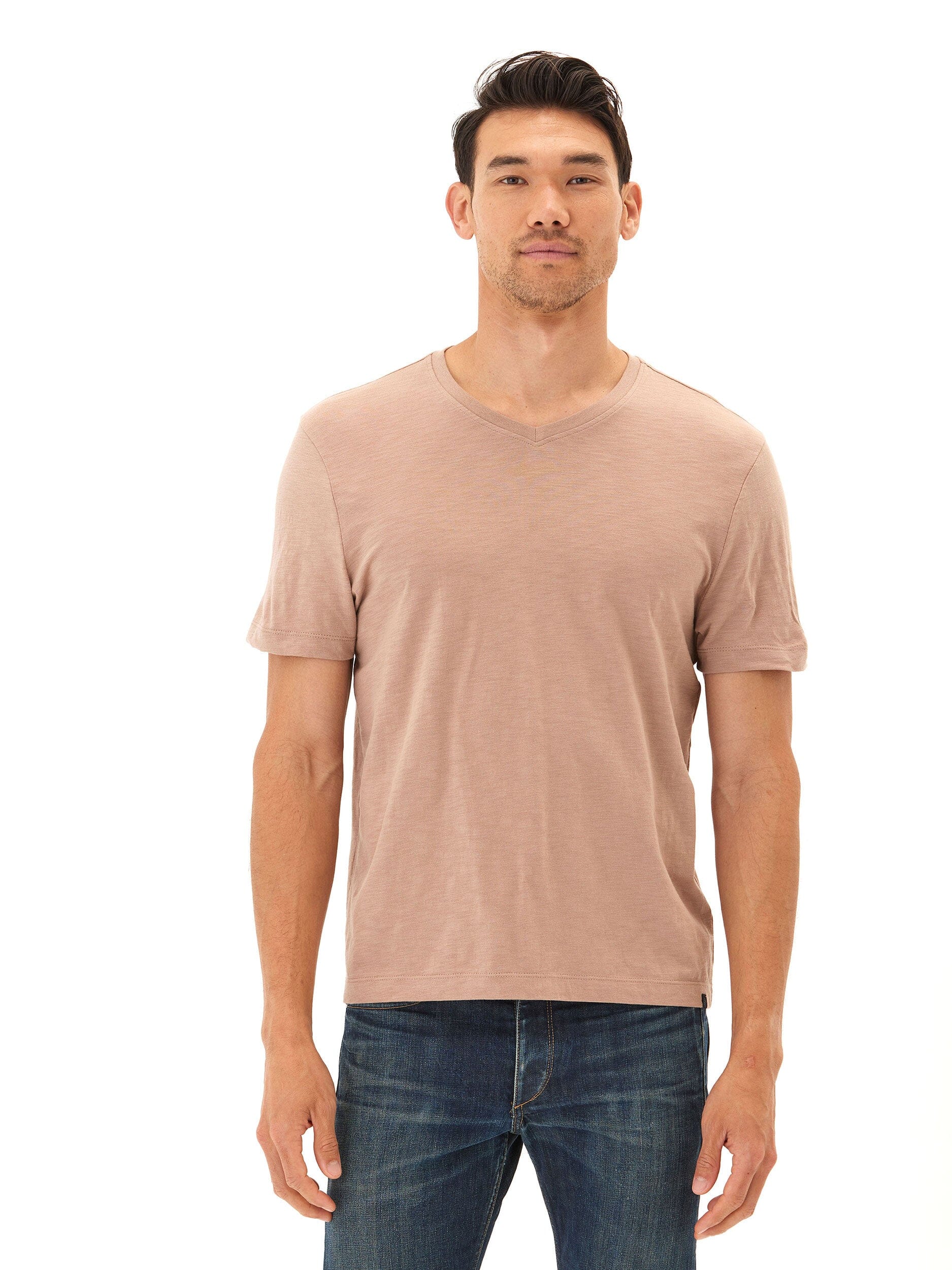 Men's Organic Cotton Slub Jersey V-Neck Tee in Dusty-Rose & Taupe