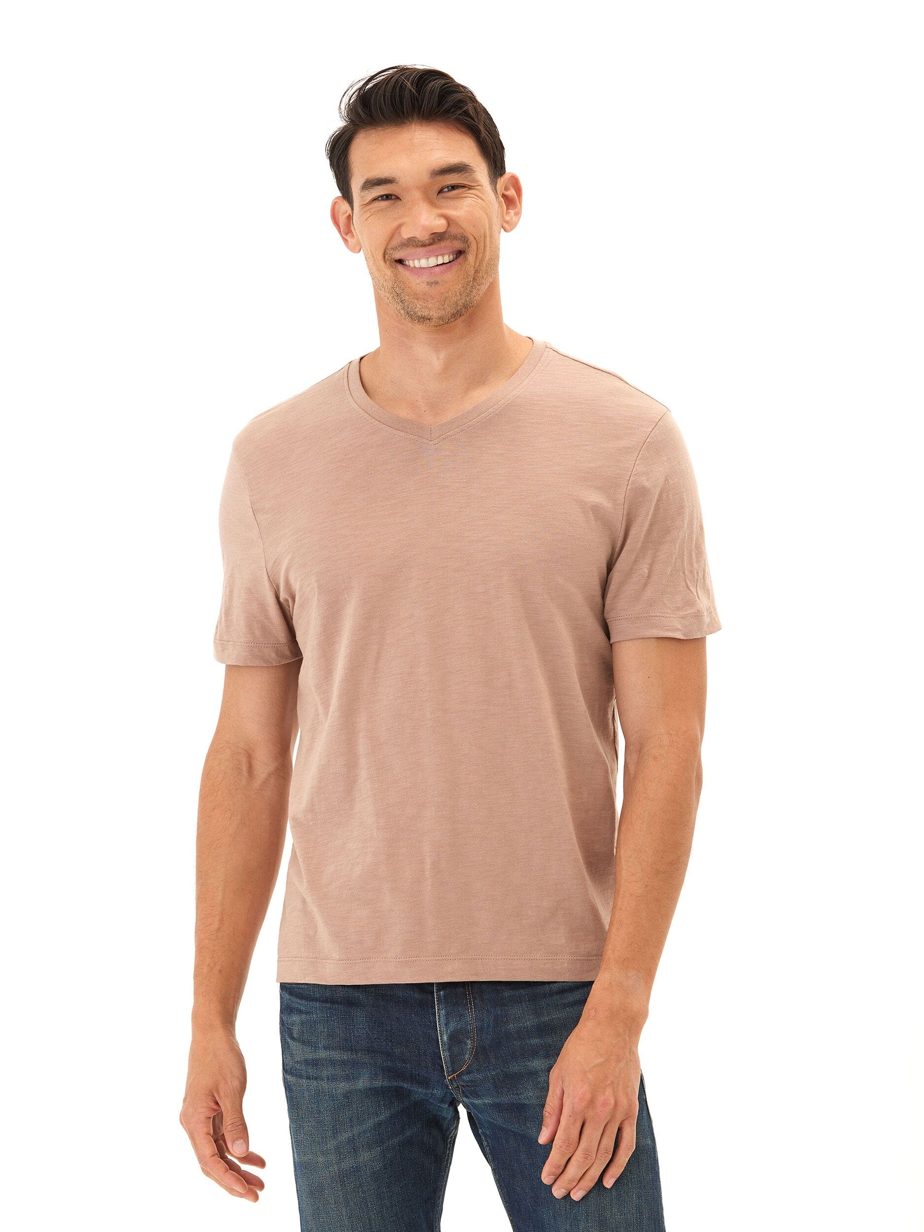 Men's athletic fit slub jersey V-neck tee in dusty-rose and taupe