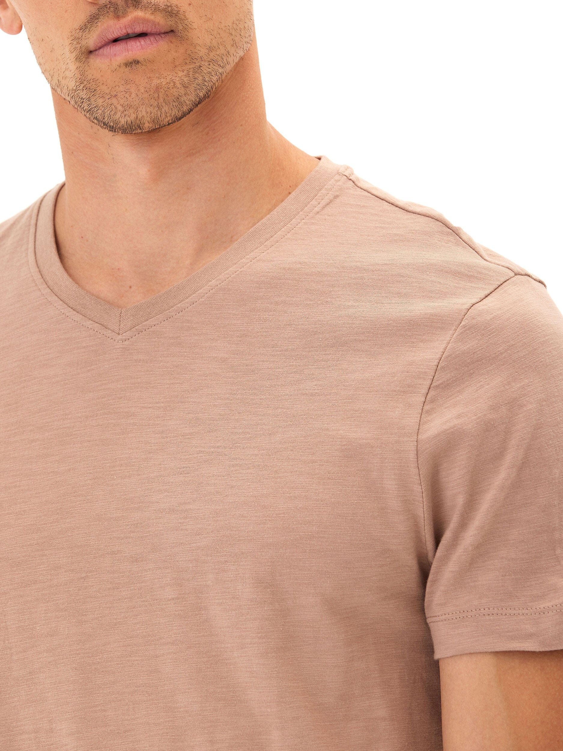 Men's Organic Cotton Slub Jersey V-Neck Tee in Dusty-Rose & Taupe