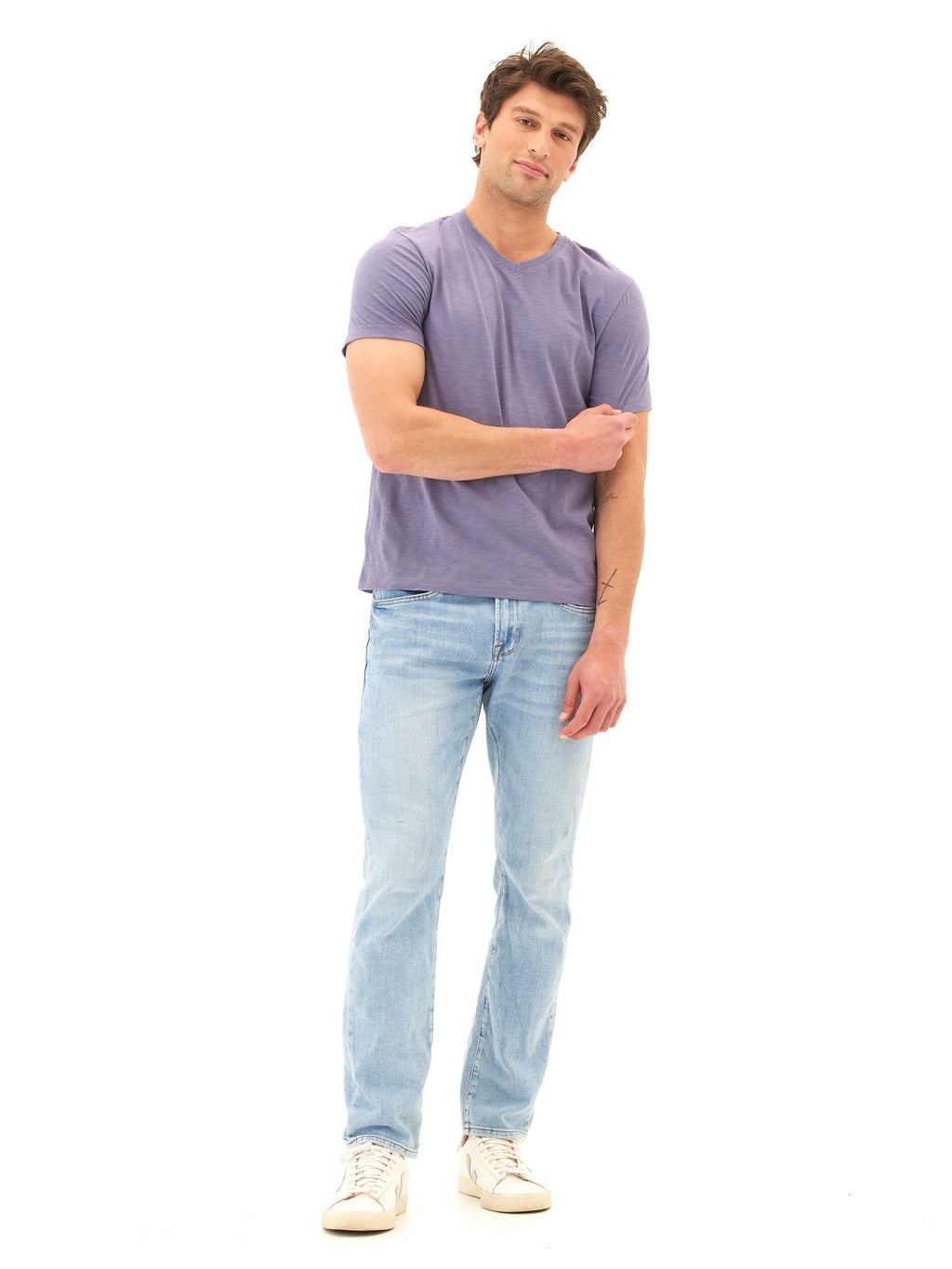 Men's Organic Cotton Slub Jersey V-Neck Tee in Purple and Blue