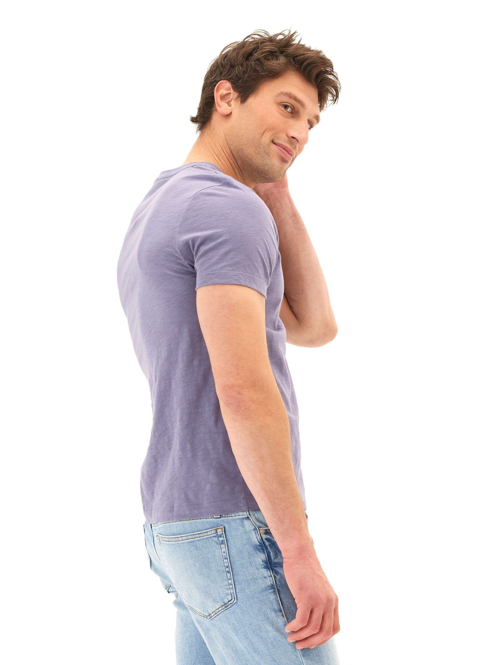 Men's Organic Cotton Slub Jersey V-Neck Tee in Purple and Blue