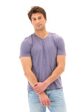 Men wearing a solid purple organic cotton slub jersey V-neck tee with a classic athletic fit.