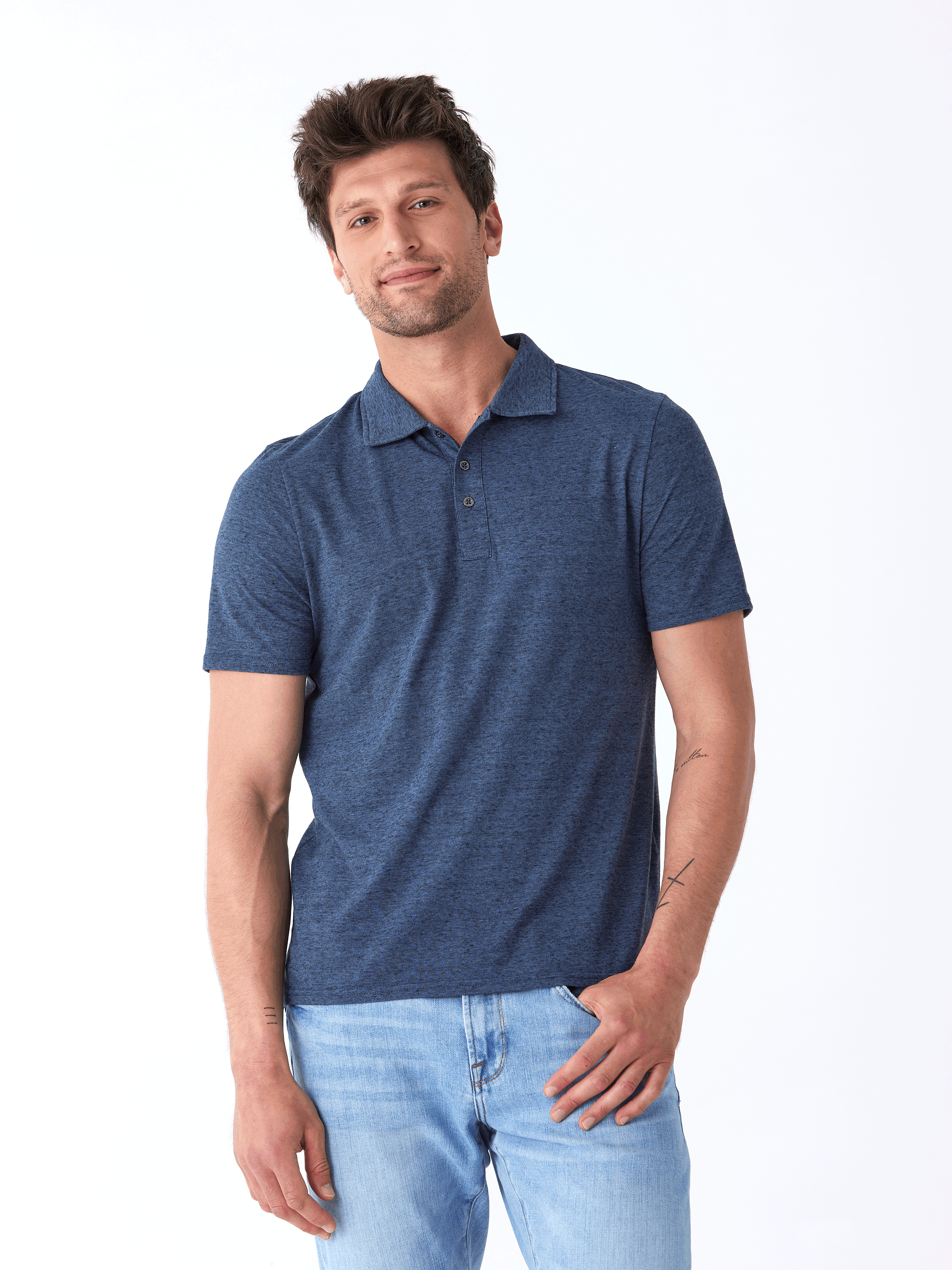 Close up of Black Fleck Triblend Jersey Polo showing texture and fabric detail
