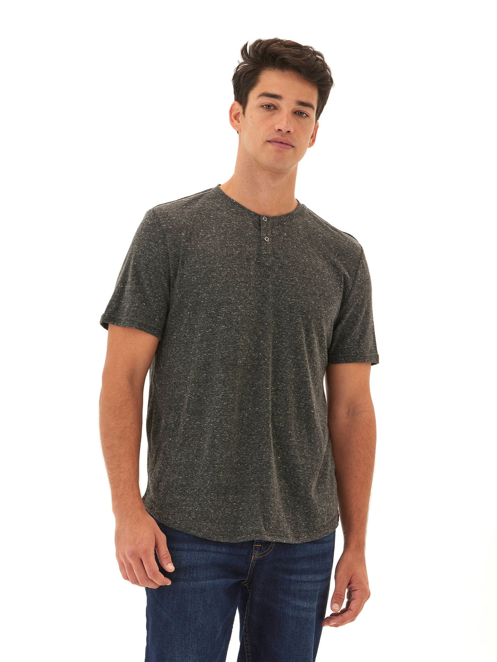 Close up of charcoal gray short sleeve triblend henley with a casual knit texture