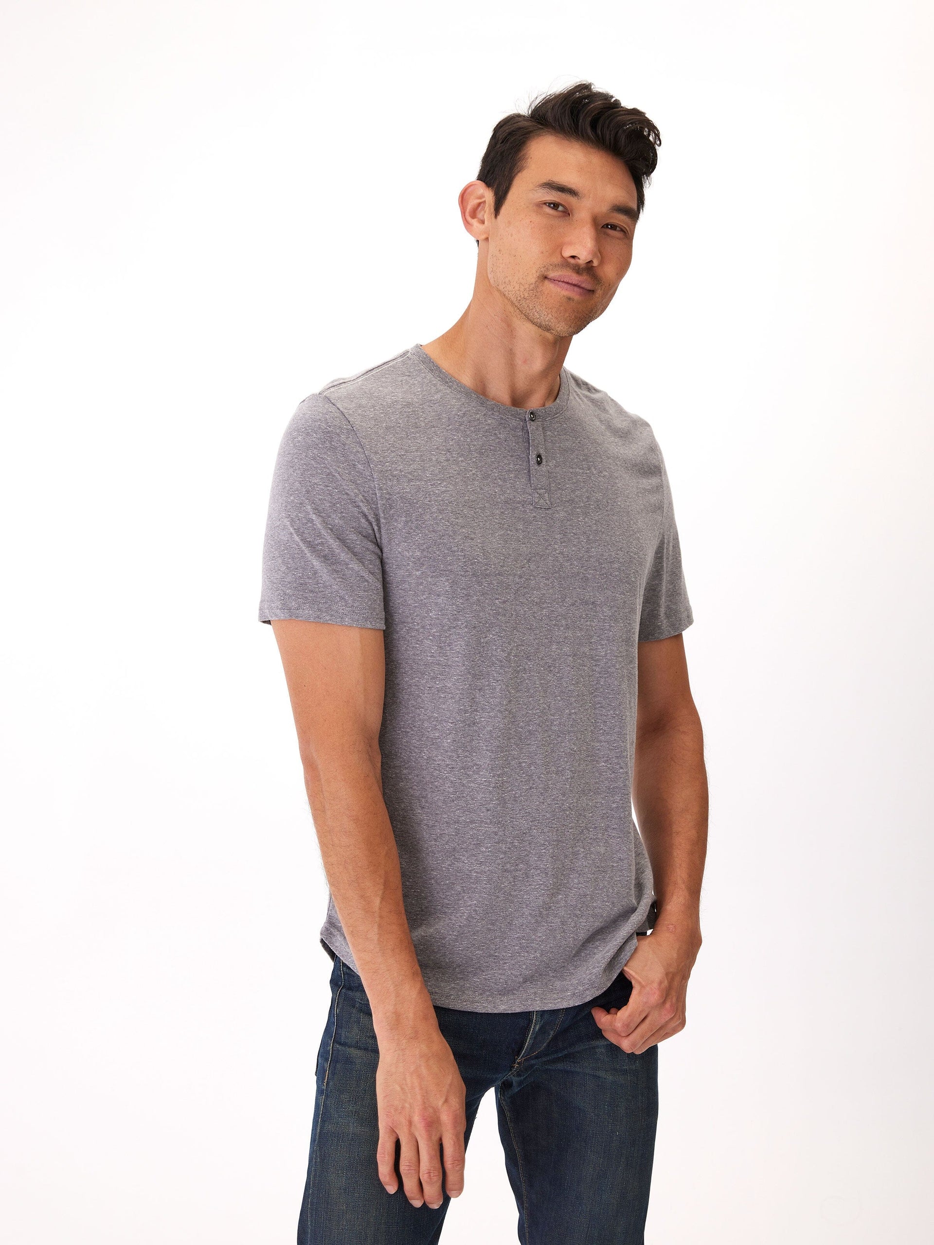 Men's Baseline Short Sleeve Triblend Henley in grey worn as a casual staple