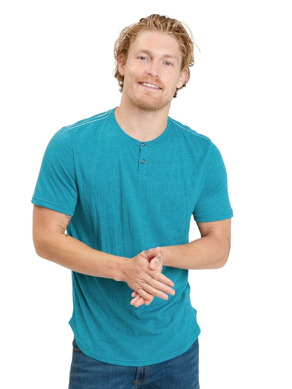 Men's short sleeve triblend henley in teal color, minimalist casual style.