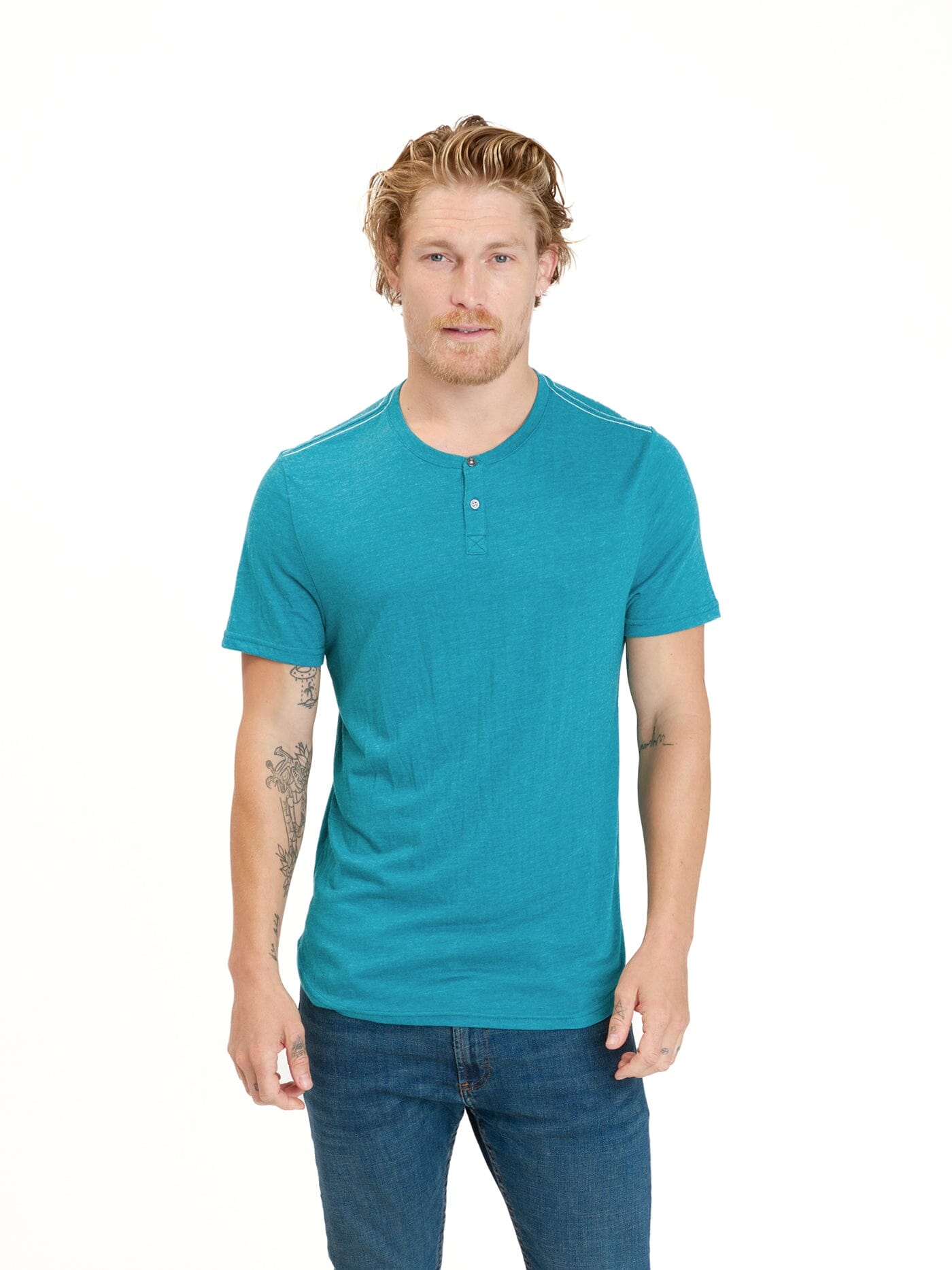 Baseline Short Sleeve Triblend Henley in Teal
