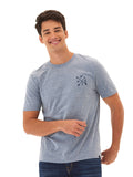 Men wearing a soft blue Traveler Triblend Graphic Tee with hand-drawn outdoor graphic.