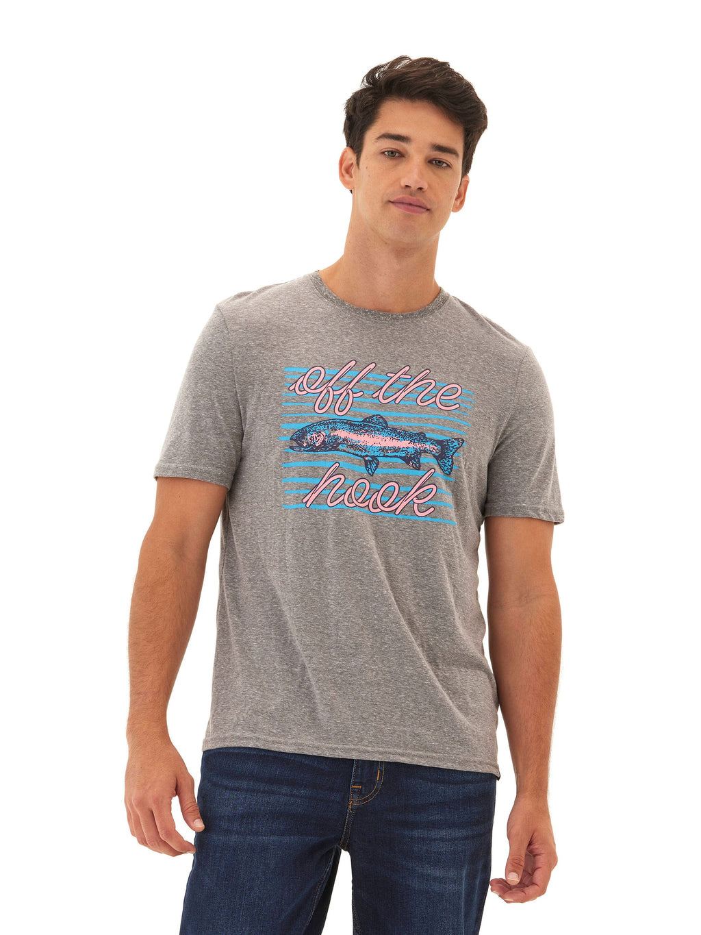 Men wearing a soft grey triblend graphic tee with a hand-drawn design, styled for an outdoor lifestyle.