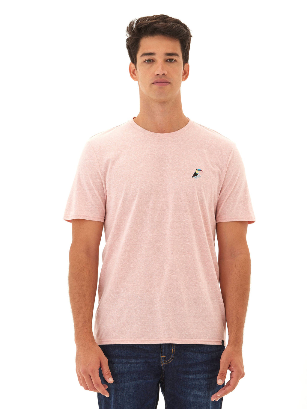 Close up of pink Men's knit t-shirt featuring a subtle toucan embroidery on the chest.