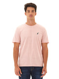 Close up of pink Men's knit t-shirt featuring a subtle toucan embroidery on the chest.